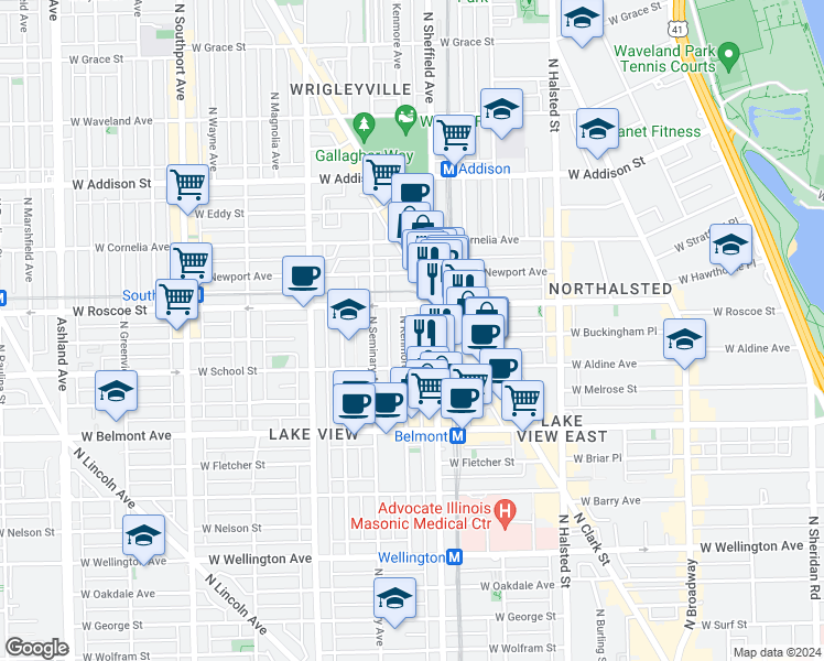 map of restaurants, bars, coffee shops, grocery stores, and more near 3344 North Kenmore Avenue in Chicago