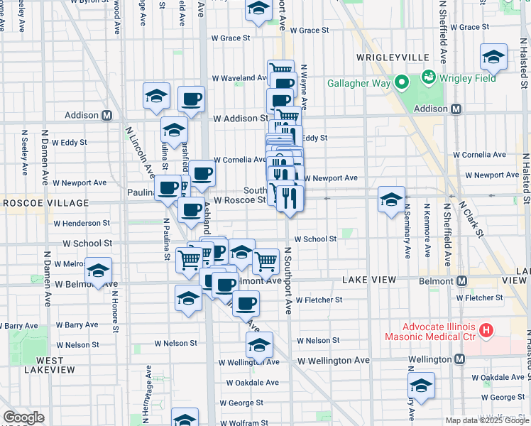 map of restaurants, bars, coffee shops, grocery stores, and more near 1415 West Roscoe Street in Chicago