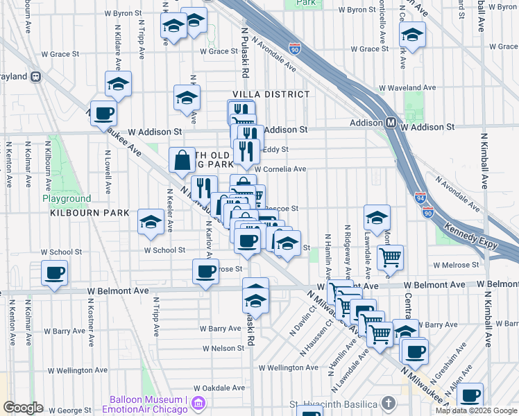 map of restaurants, bars, coffee shops, grocery stores, and more near 3405 North Harding Avenue in Chicago