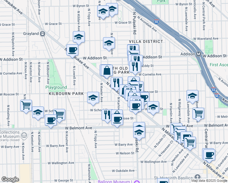 map of restaurants, bars, coffee shops, grocery stores, and more near 3377 North Kedvale Avenue in Chicago
