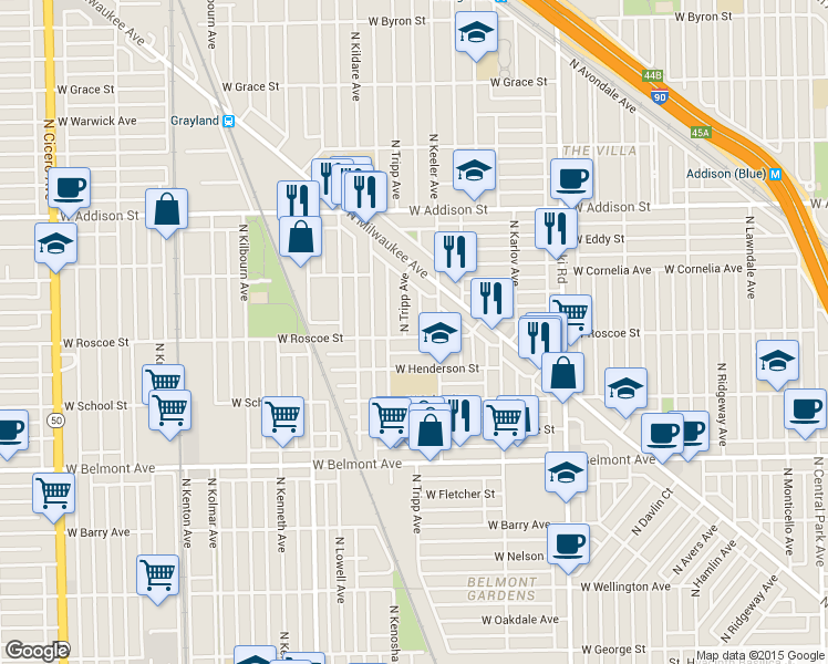 map of restaurants, bars, coffee shops, grocery stores, and more near 3412 North Tripp Avenue in Chicago