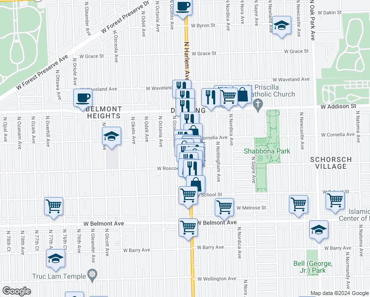 map of restaurants, bars, coffee shops, grocery stores, and more near 3446 Illinois 43 in Chicago
