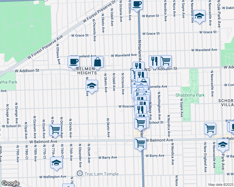 map of restaurants, bars, coffee shops, grocery stores, and more near 3451 North Odell Avenue in Chicago