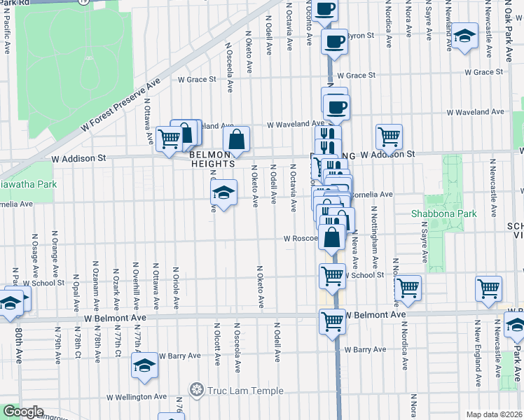 map of restaurants, bars, coffee shops, grocery stores, and more near 3455 North Oketo Avenue in Chicago