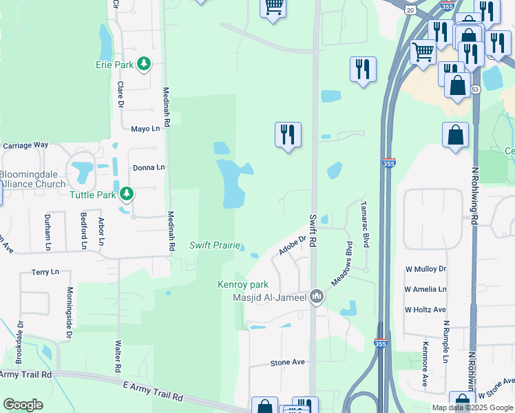 map of restaurants, bars, coffee shops, grocery stores, and more near 836 College Boulevard in Addison