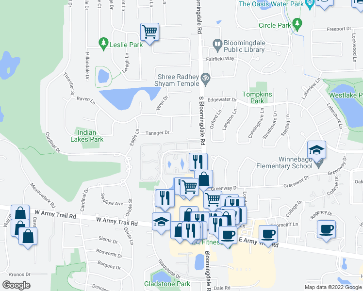map of restaurants, bars, coffee shops, grocery stores, and more near 110 Tanager Drive in Bloomingdale