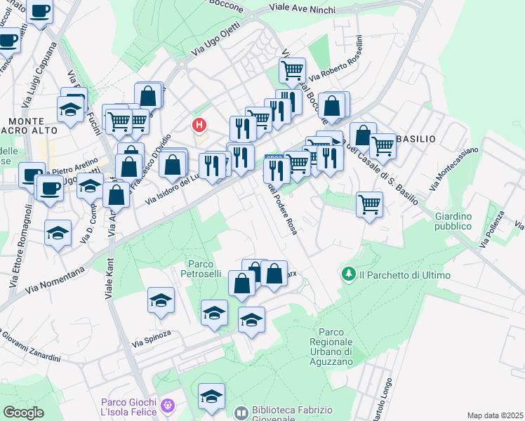 map of restaurants, bars, coffee shops, grocery stores, and more near 38 Via di Aguzzano in Rome