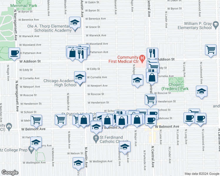 map of restaurants, bars, coffee shops, grocery stores, and more near 5829 West Newport Avenue in Chicago