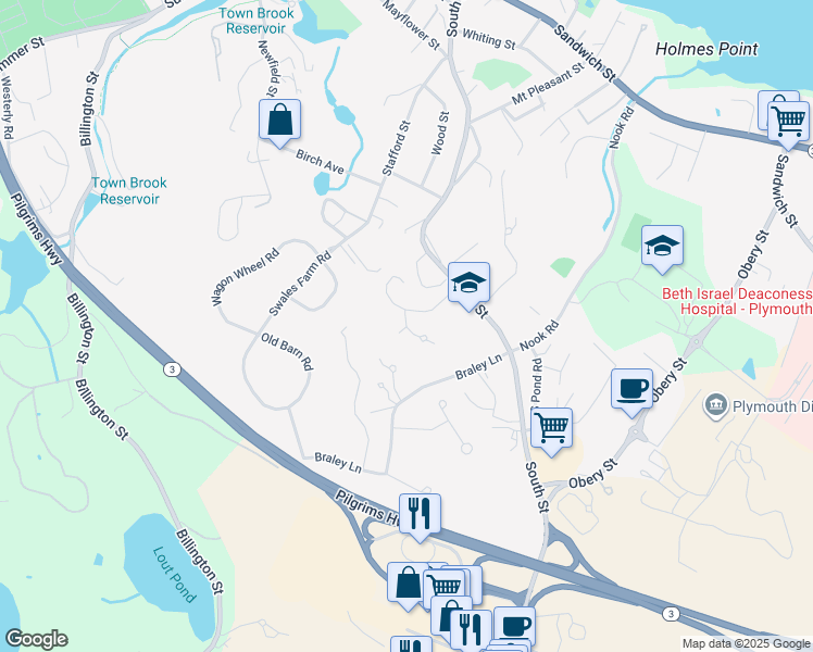 map of restaurants, bars, coffee shops, grocery stores, and more near Colonial Terrace in Plymouth