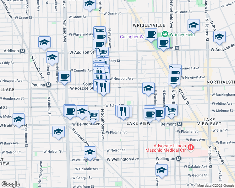 map of restaurants, bars, coffee shops, grocery stores, and more near 3338 North Lakewood Avenue in Chicago