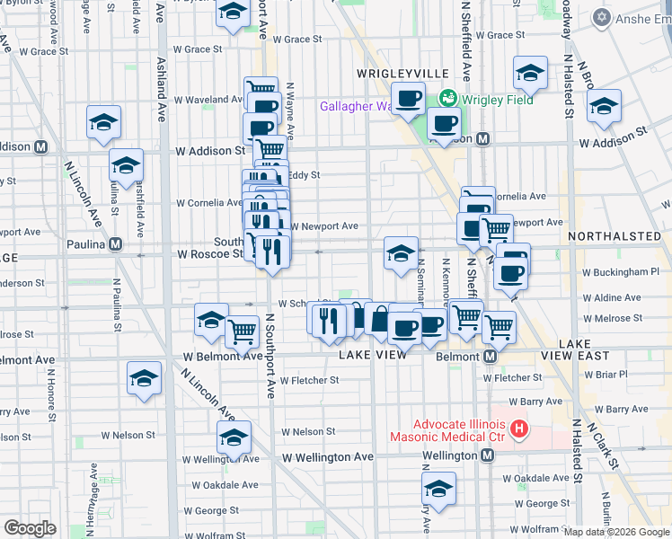 map of restaurants, bars, coffee shops, grocery stores, and more near 1216 West Roscoe Street in Chicago