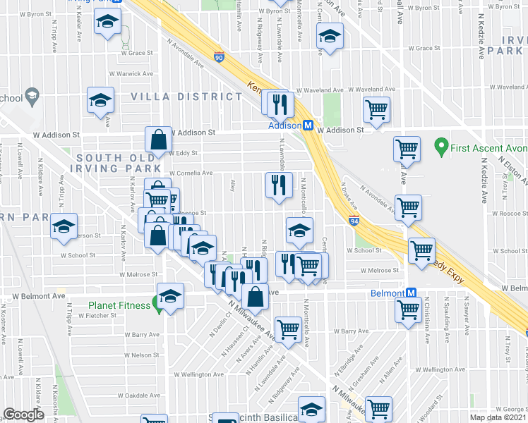 map of restaurants, bars, coffee shops, grocery stores, and more near North Ridgeway Avenue in Chicago