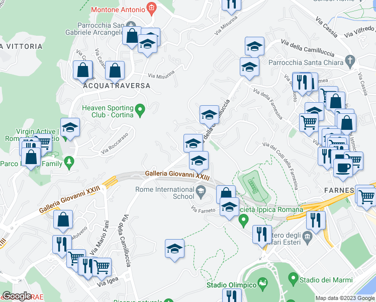 map of restaurants, bars, coffee shops, grocery stores, and more near 555 Via della Camilluccia in Roma