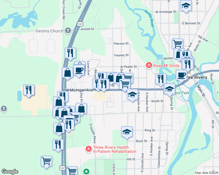 map of restaurants, bars, coffee shops, grocery stores, and more near 1005 West Michigan Avenue in Three Rivers