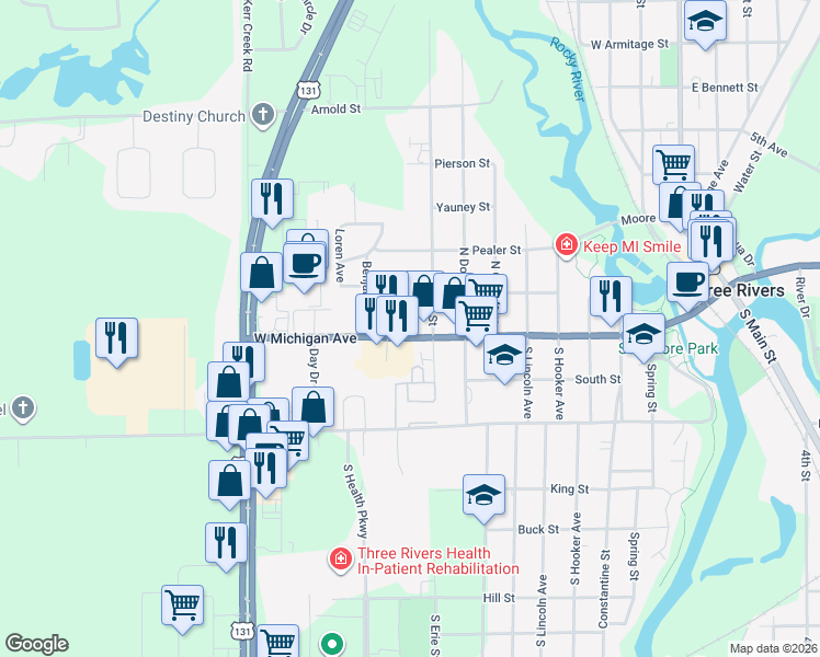 map of restaurants, bars, coffee shops, grocery stores, and more near 1005 West Michigan Avenue in Three Rivers