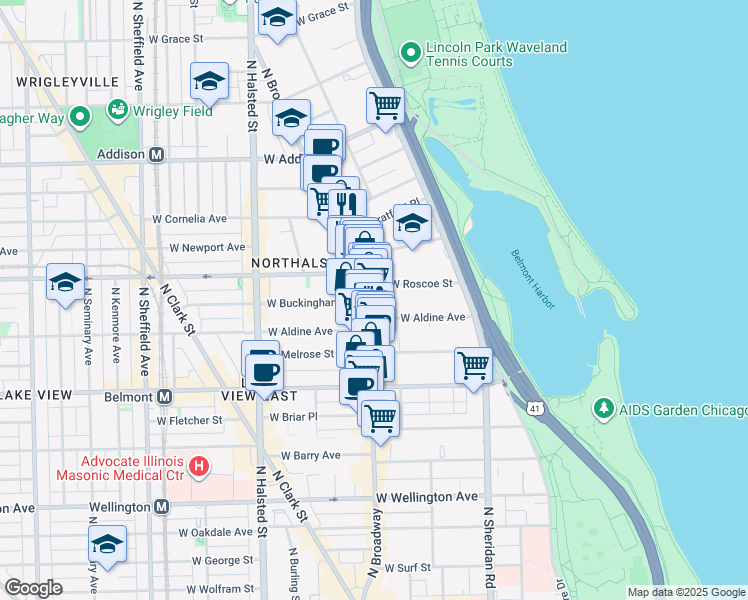 map of restaurants, bars, coffee shops, grocery stores, and more near 3329 North Broadway in Chicago