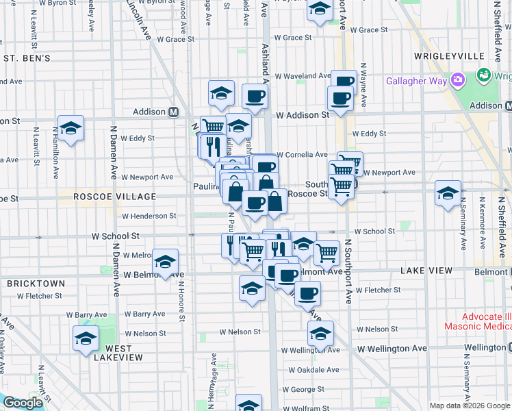 map of restaurants, bars, coffee shops, grocery stores, and more near 3345 North Marshfield Avenue in Chicago