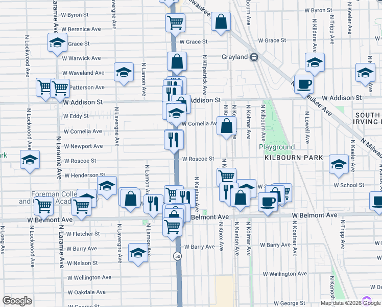 map of restaurants, bars, coffee shops, grocery stores, and more near 3406 North Keating Avenue in Chicago