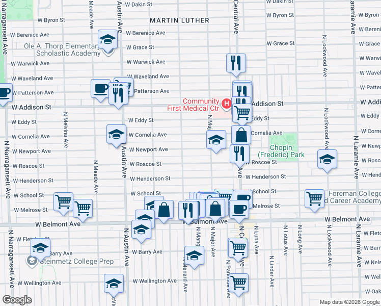 map of restaurants, bars, coffee shops, grocery stores, and more near 5751 West Newport Avenue in Chicago
