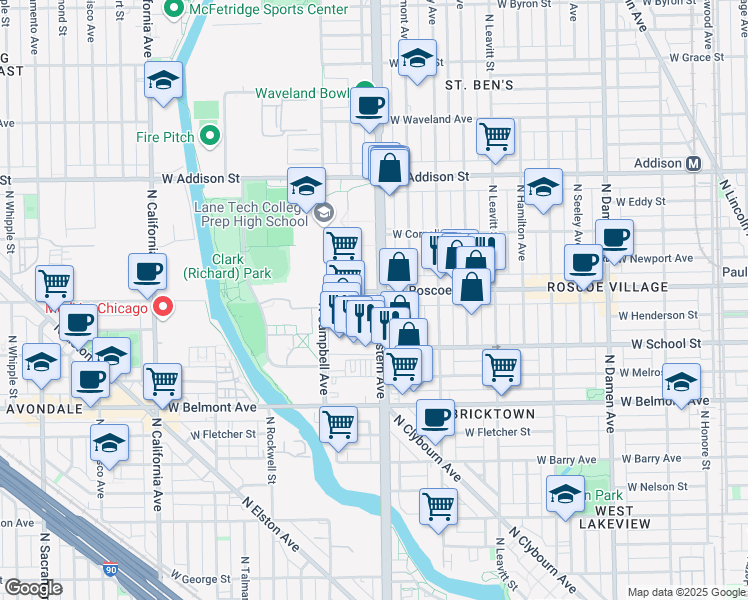 map of restaurants, bars, coffee shops, grocery stores, and more near 3360 North Western Avenue in Chicago