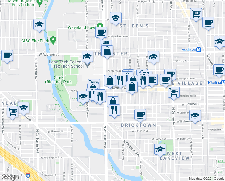 map of restaurants, bars, coffee shops, grocery stores, and more near 3356 North Claremont Avenue in Chicago