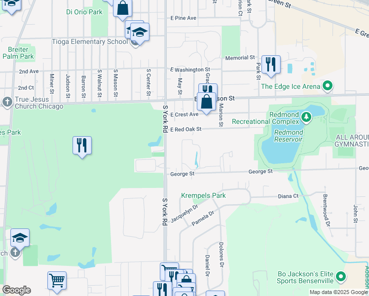 map of restaurants, bars, coffee shops, grocery stores, and more near 110 George Street in Bensenville