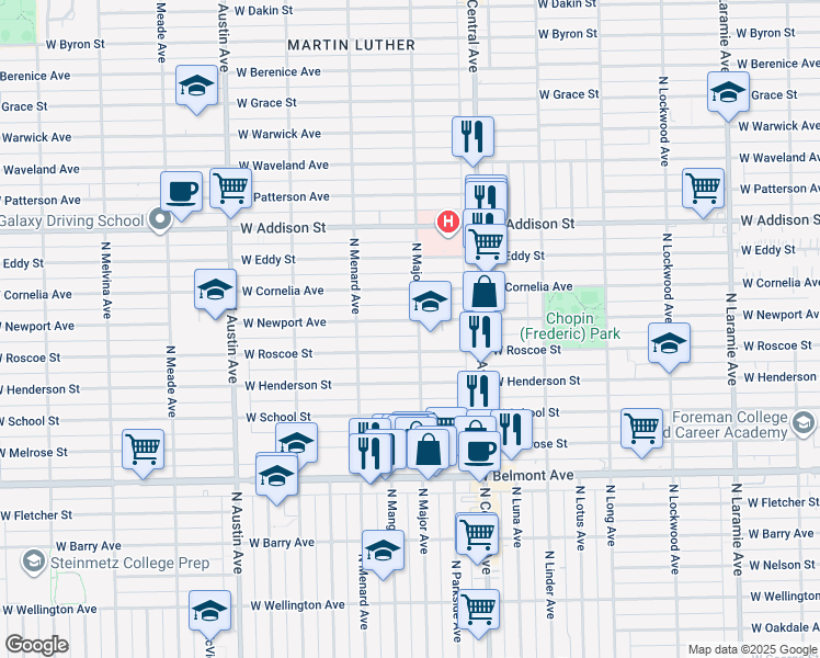 map of restaurants, bars, coffee shops, grocery stores, and more near 5707 West Newport Avenue in Chicago
