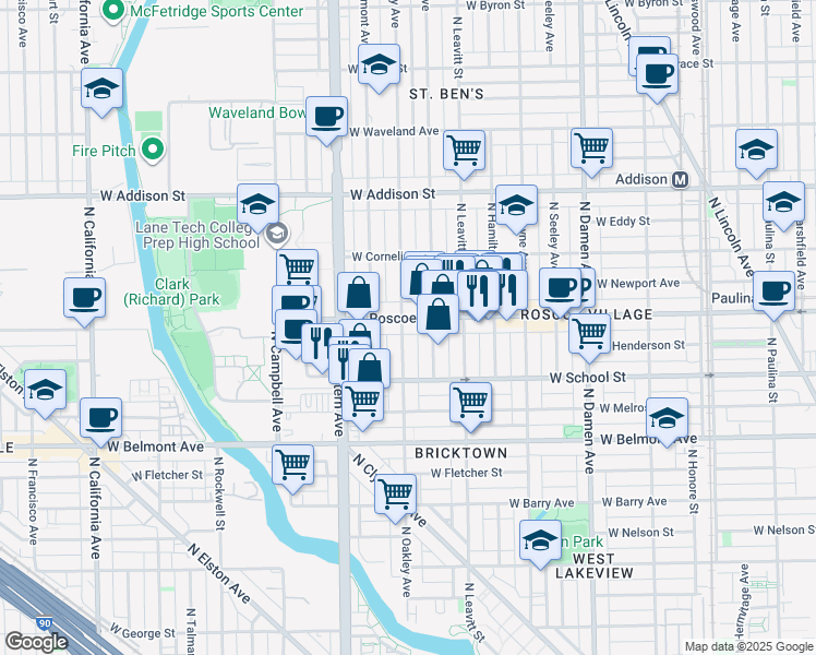 map of restaurants, bars, coffee shops, grocery stores, and more near 2255 West Roscoe Street in Chicago