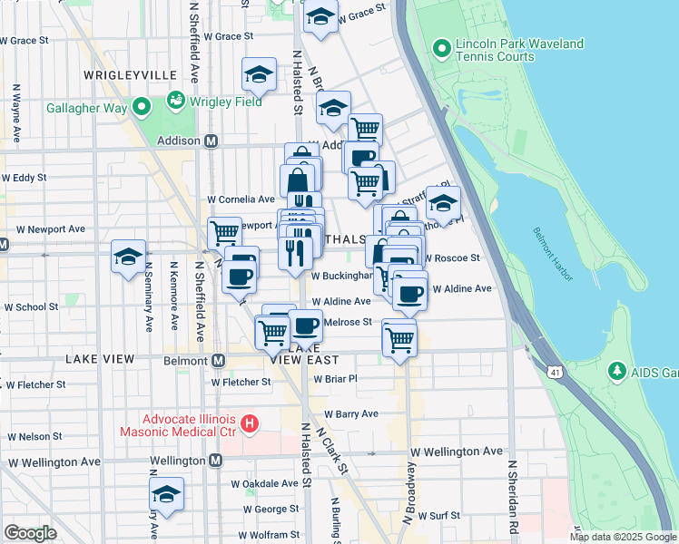 map of restaurants, bars, coffee shops, grocery stores, and more near 714 West Buckingham Place in Chicago