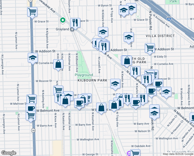 map of restaurants, bars, coffee shops, grocery stores, and more near 4340 West Roscoe Street in Chicago