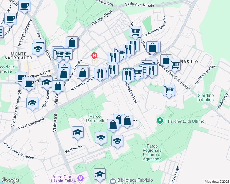 map of restaurants, bars, coffee shops, grocery stores, and more near 38 Via di Aguzzano in Roma