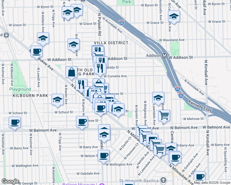 map of restaurants, bars, coffee shops, grocery stores, and more near 3405 North Harding Avenue in Chicago