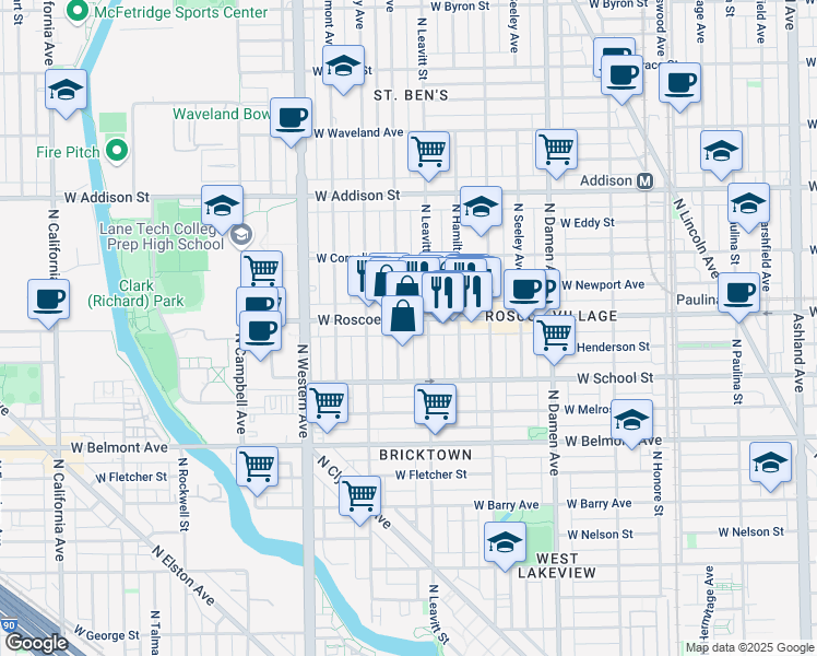 map of restaurants, bars, coffee shops, grocery stores, and more near 2217 West Roscoe Street in Chicago