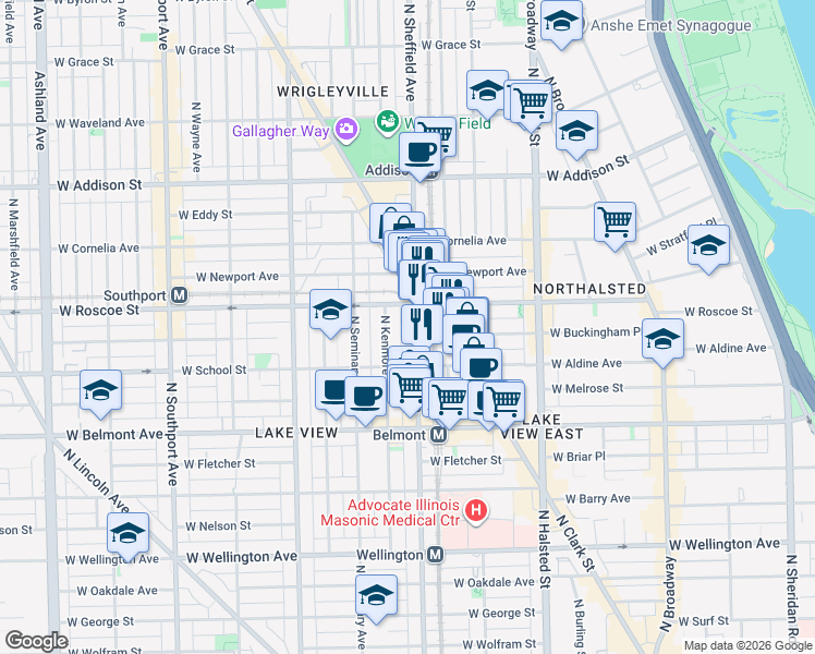 map of restaurants, bars, coffee shops, grocery stores, and more near 3341 North Sheffield Avenue in Chicago