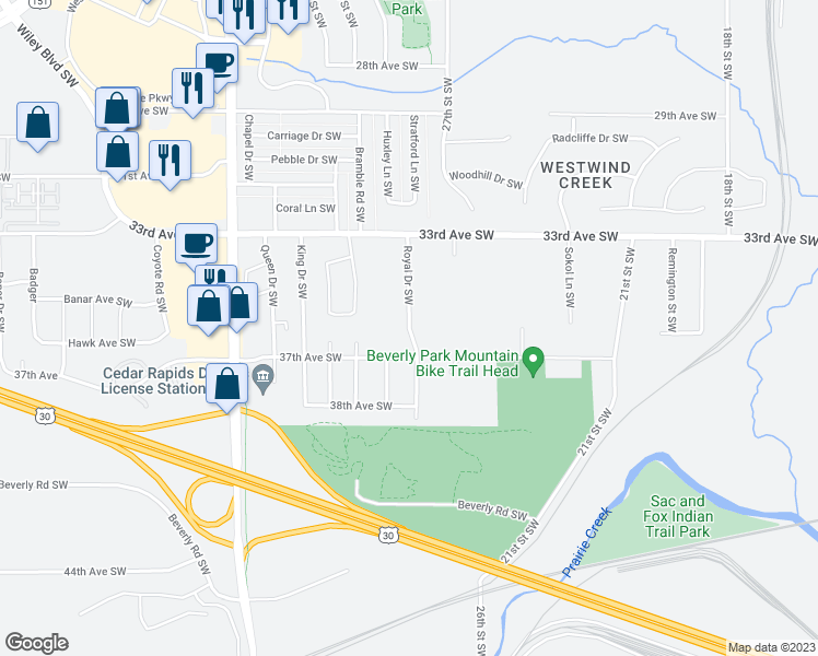 map of restaurants, bars, coffee shops, grocery stores, and more near 3600 Royal Drive Southwest in Cedar Rapids