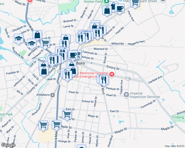 map of restaurants, bars, coffee shops, grocery stores, and more near 6 Park Avenue in Attleboro