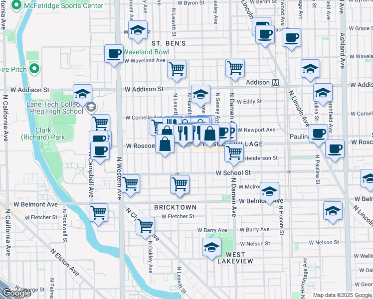 map of restaurants, bars, coffee shops, grocery stores, and more near 2139 West Roscoe Street in Chicago