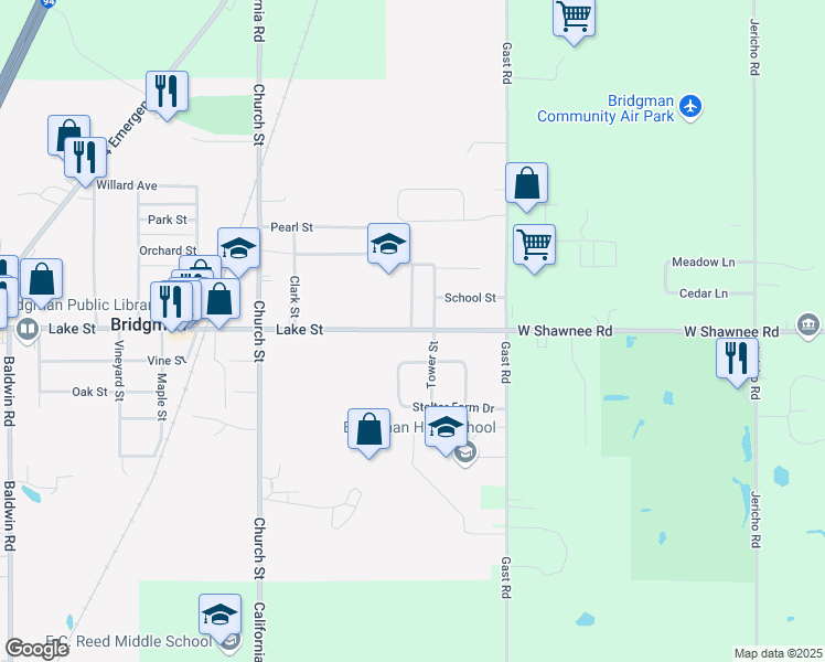 map of restaurants, bars, coffee shops, grocery stores, and more near 3891 Lake Street in Bridgman