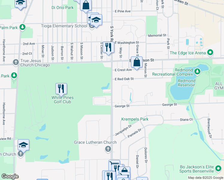 map of restaurants, bars, coffee shops, grocery stores, and more near 636 South York Road in Bensenville