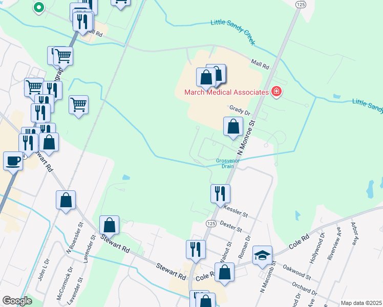 map of restaurants, bars, coffee shops, grocery stores, and more near 1850 Winding Meadows Drive in Monroe