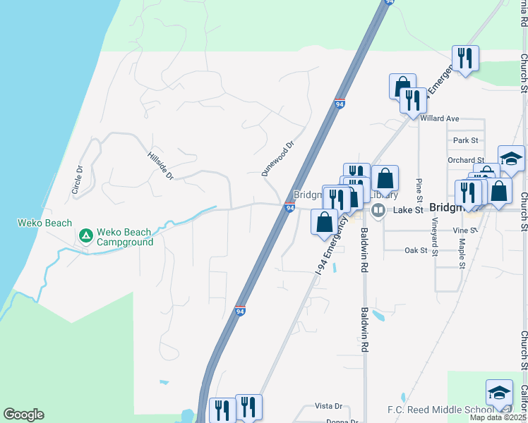 map of restaurants, bars, coffee shops, grocery stores, and more near 4738 Lake Street in Bridgman
