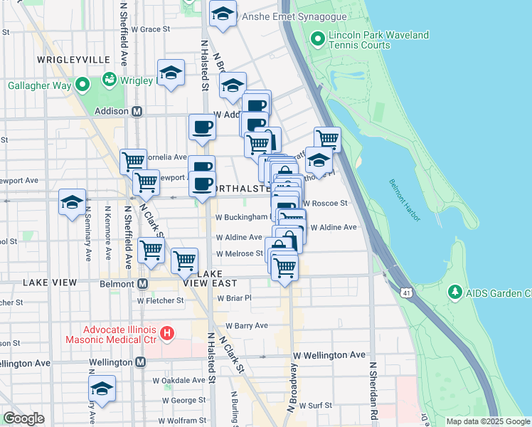 map of restaurants, bars, coffee shops, grocery stores, and more near 650 West Buckingham Place in Chicago