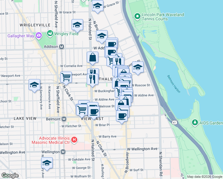 map of restaurants, bars, coffee shops, grocery stores, and more near 650 West Buckingham Place in Chicago