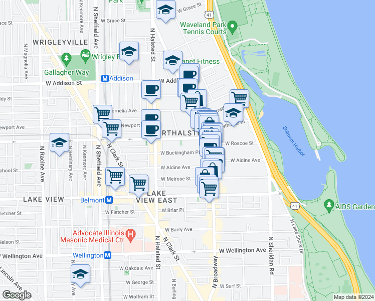 map of restaurants, bars, coffee shops, grocery stores, and more near 650 West Buckingham Place in Chicago
