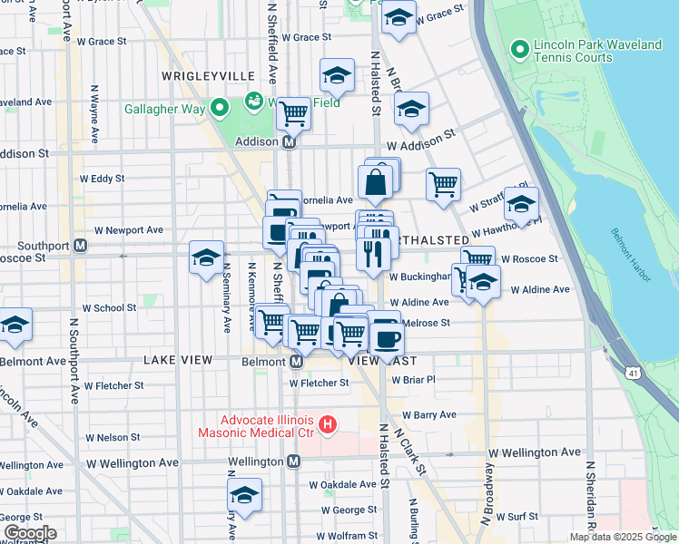 map of restaurants, bars, coffee shops, grocery stores, and more near 840 West Buckingham Place in Chicago