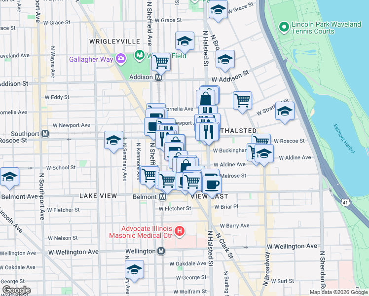 map of restaurants, bars, coffee shops, grocery stores, and more near 840 West Buckingham Place in Chicago