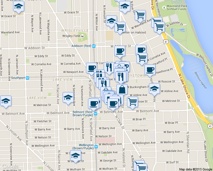 map of restaurants, bars, coffee shops, grocery stores, and more near 840 West Buckingham Place in Chicago