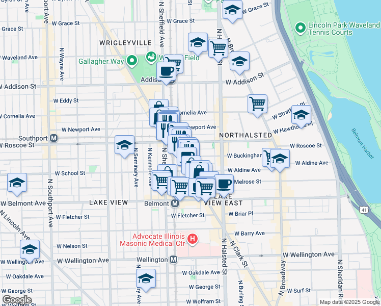 map of restaurants, bars, coffee shops, grocery stores, and more near 3341 North Clark Street in Chicago