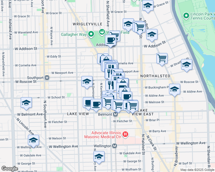 map of restaurants, bars, coffee shops, grocery stores, and more near 3341 North Sheffield Avenue in Chicago
