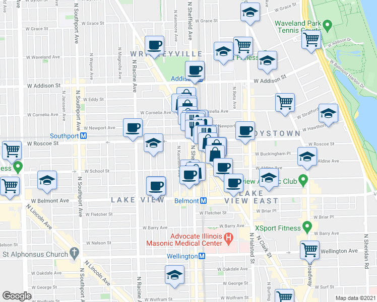map of restaurants, bars, coffee shops, grocery stores, and more near 3341 North Sheffield Avenue in Chicago
